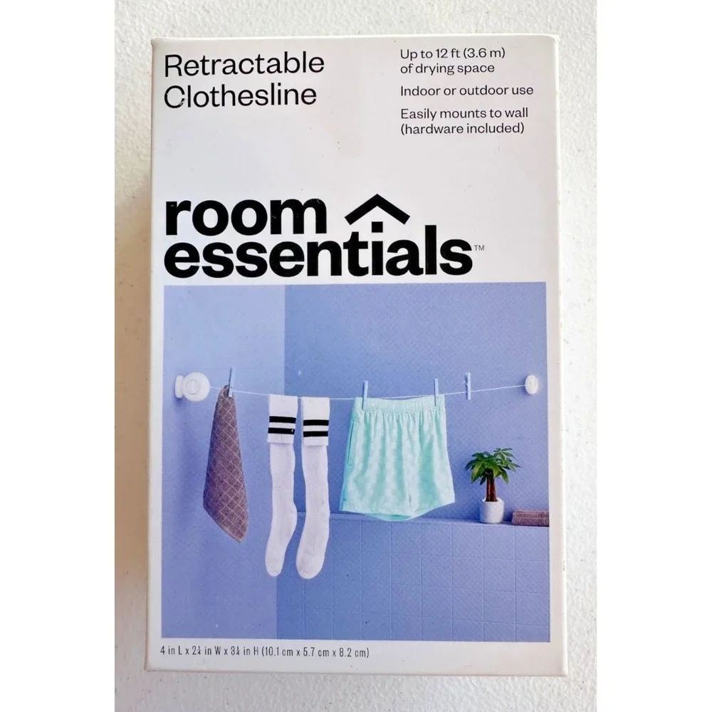 Room Essentials Retractable Clothesline‎ 12ft Indoor Outdoor Wall Mount NOB NEW